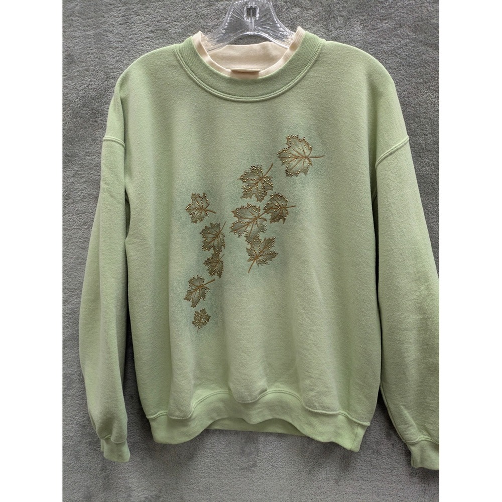 Vintage 90s Grannycore Crewneck Sweatshirt Womens Medium Sage Leaf Embroidered
